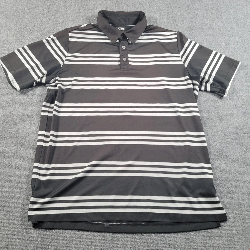 Adidas Polo Shirt Mens Large Black‎ Gray Striped Puremotion Golf Performance